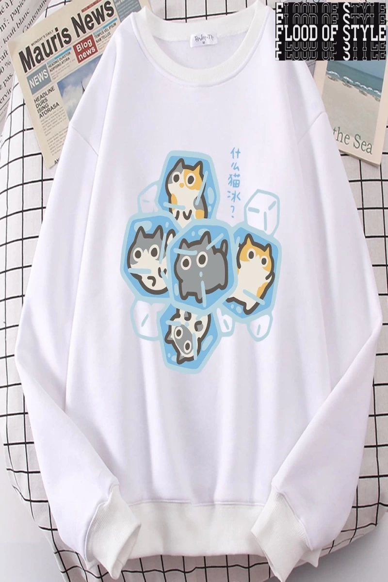 Hip Hop Harajuku Vintage Tarzı  Buz Kedi Eğlenceli  Gri