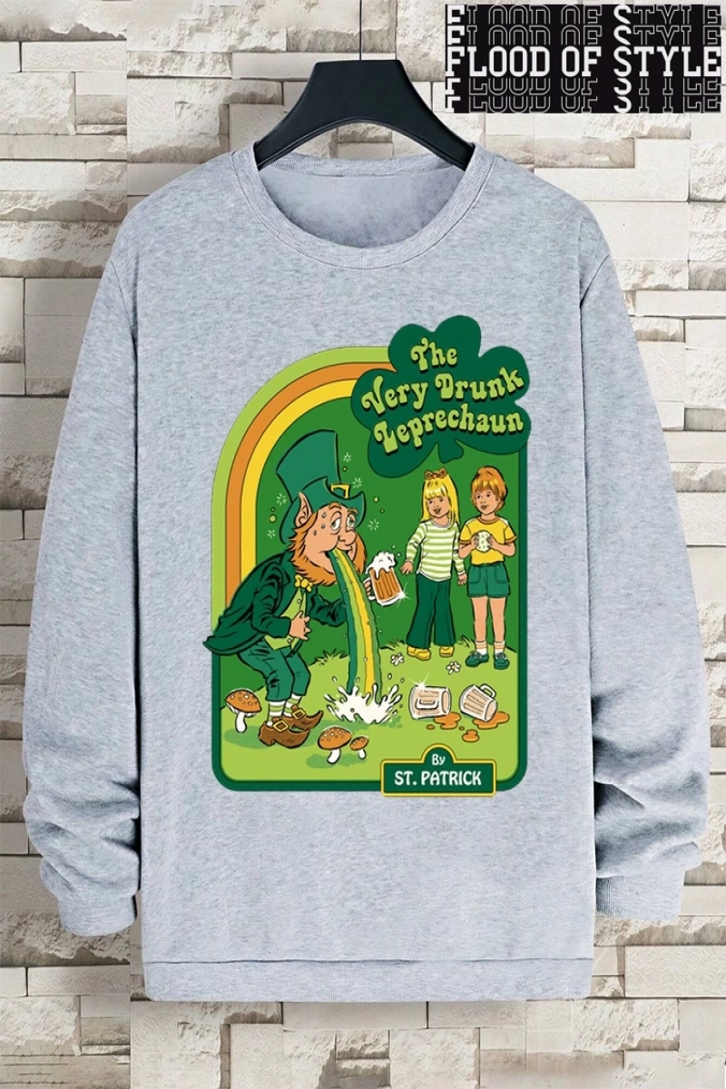 Hip Hop Harajuku Vintage Tarzı  Çok sarhoş Leprechaun Gri