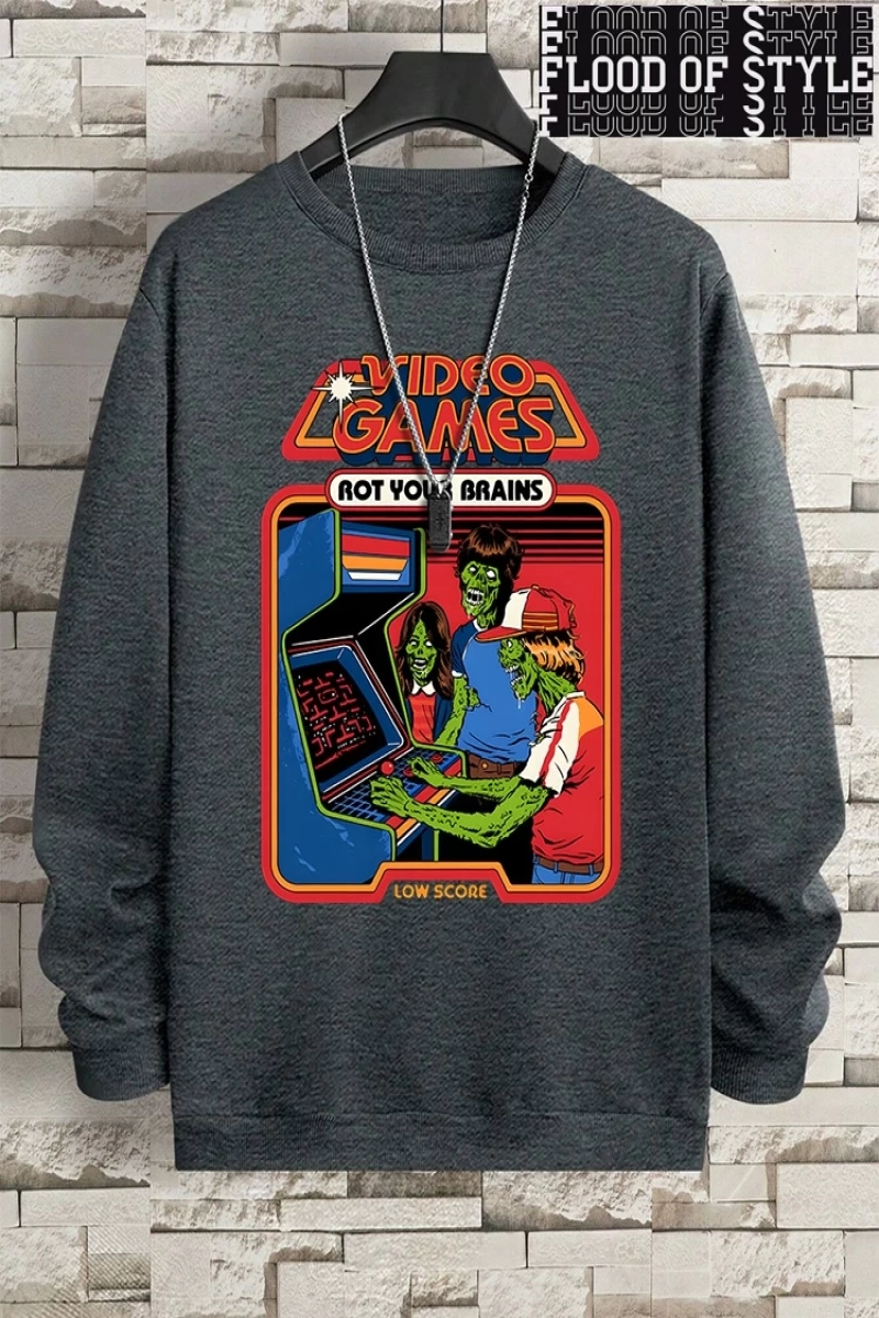 Hip Hop Harajuku Vintage Tarzı  Çürümeye beyinleri çizgi roman  Gri