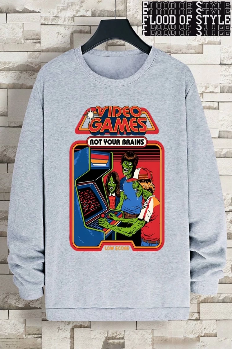 Hip Hop Harajuku Vintage Tarzı  Çürümeye beyinleri çizgi roman  Gri