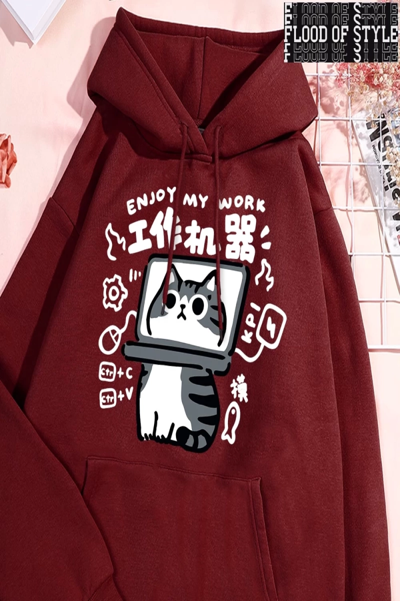 Hip Hop Harajuku Vintage Tarzı  Eğlenceli aracı kedi baskı Gri