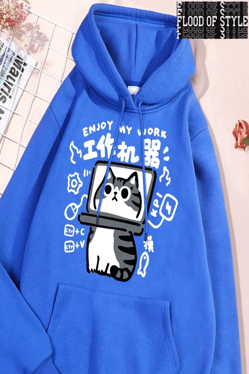 Hip Hop Harajuku Vintage Tarzı  Eğlenceli aracı kedi baskı Gri