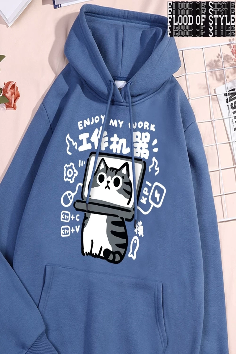 Hip Hop Harajuku Vintage Tarzı  Eğlenceli aracı kedi baskı Gri