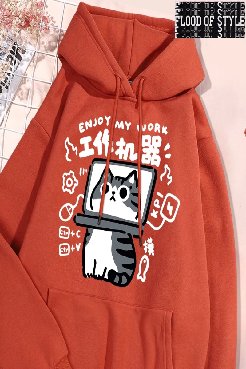Hip Hop Harajuku Vintage Tarzı  Eğlenceli aracı kedi baskı Gri