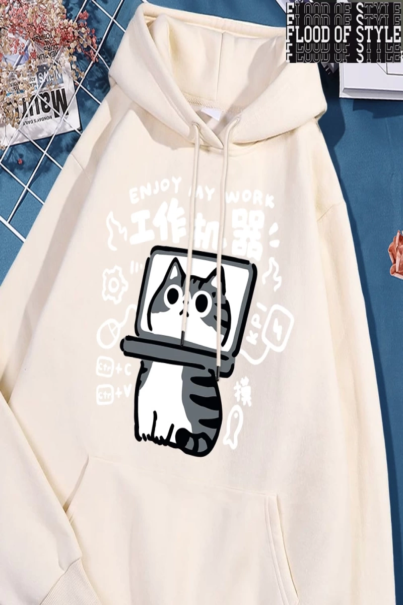 Hip Hop Harajuku Vintage Tarzı  Eğlenceli aracı kedi baskı Gri