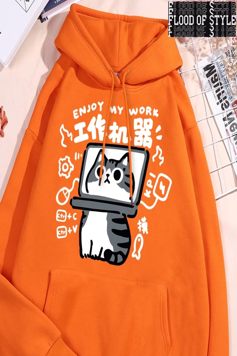 Hip Hop Harajuku Vintage Tarzı  Eğlenceli aracı kedi baskı Gri