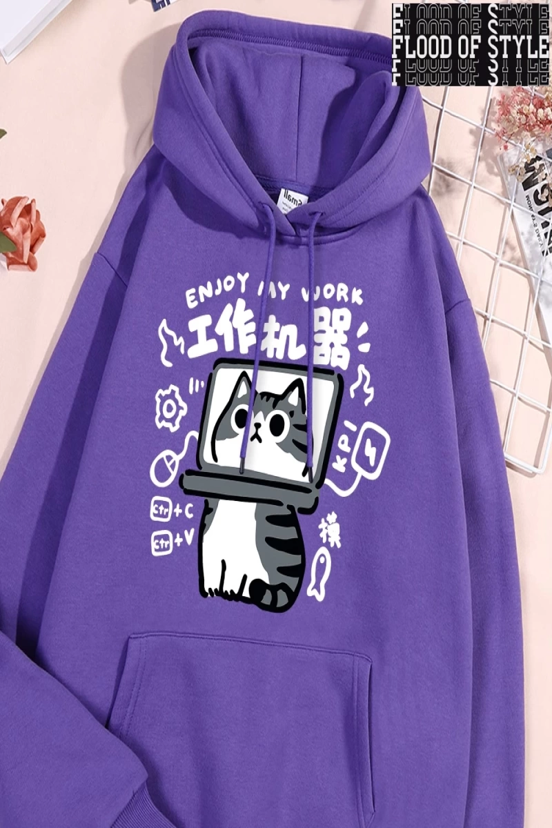 Hip Hop Harajuku Vintage Tarzı  Eğlenceli aracı kedi baskı Gri
