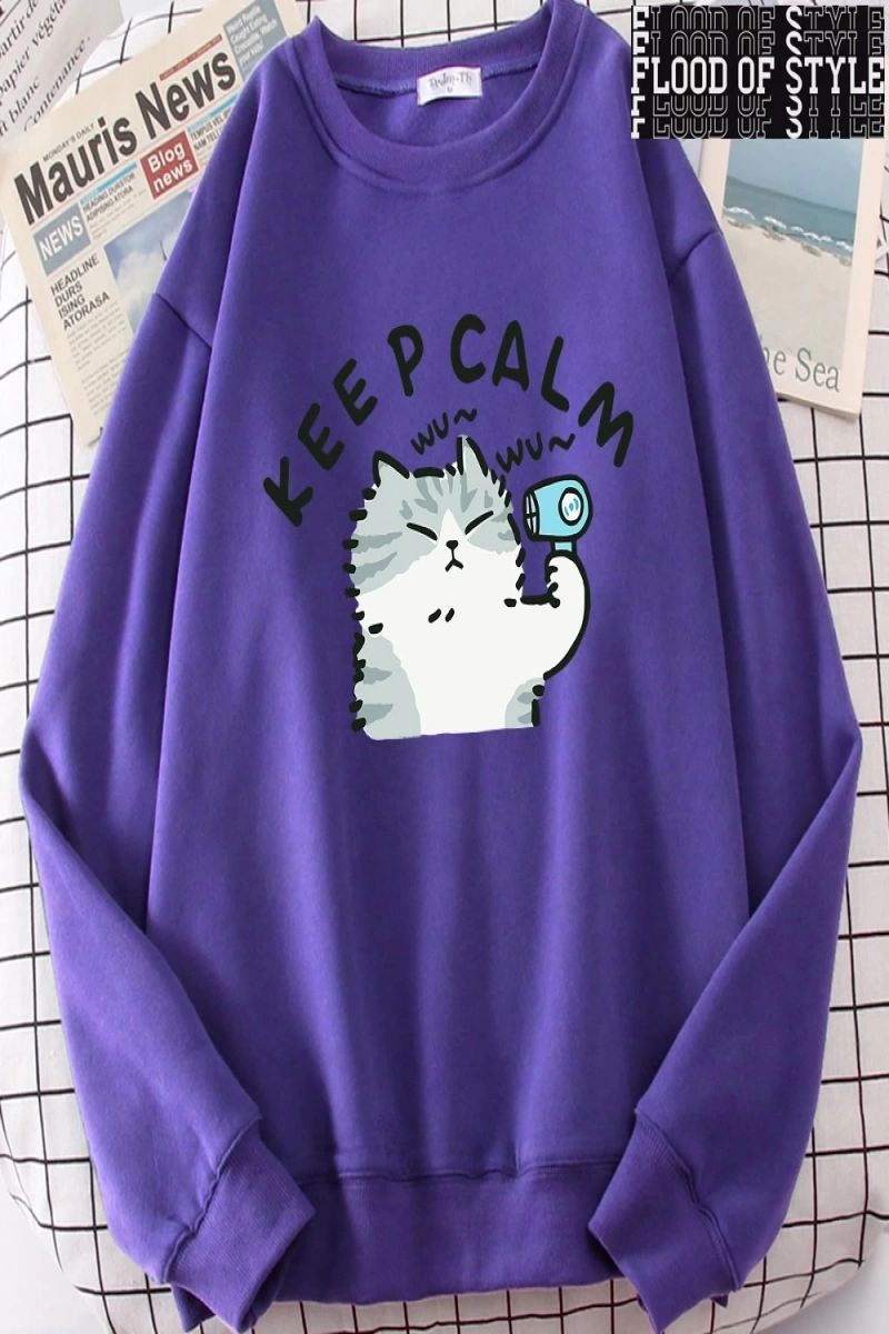 Hip Hop Harajuku Vintage Tarzı  Eğlenceli kedi sevimli  Gri