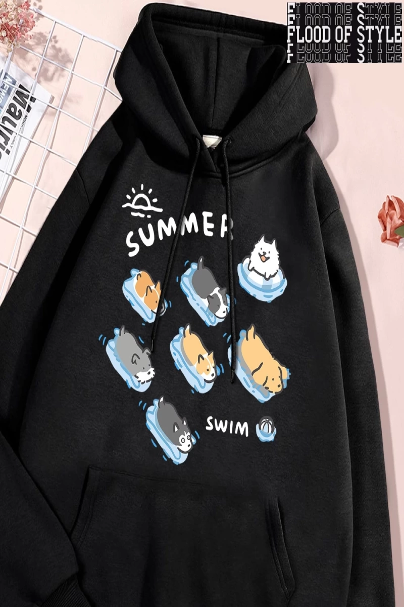 Hip Hop Harajuku Vintage Tarzı  Eğlenceli kedi ve köpek yüzme  Gri