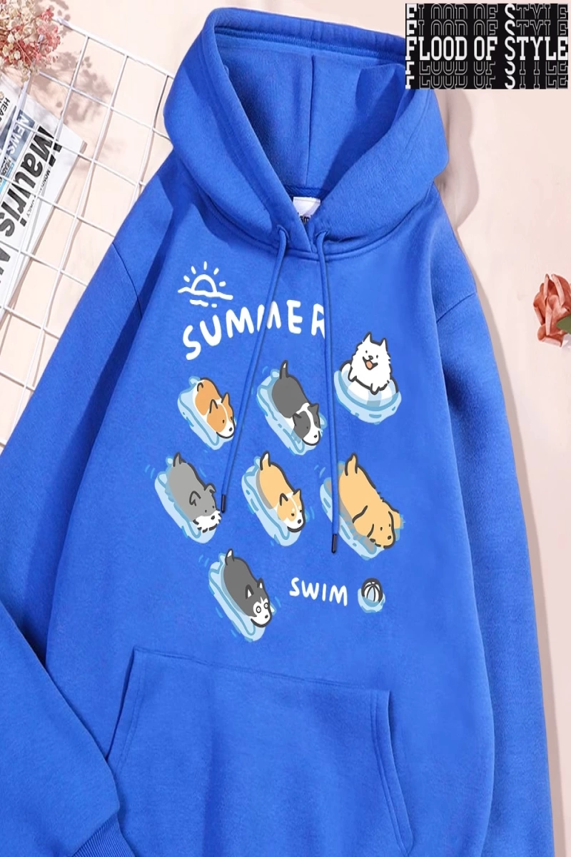 Hip Hop Harajuku Vintage Tarzı  Eğlenceli kedi ve köpek yüzme  Gri