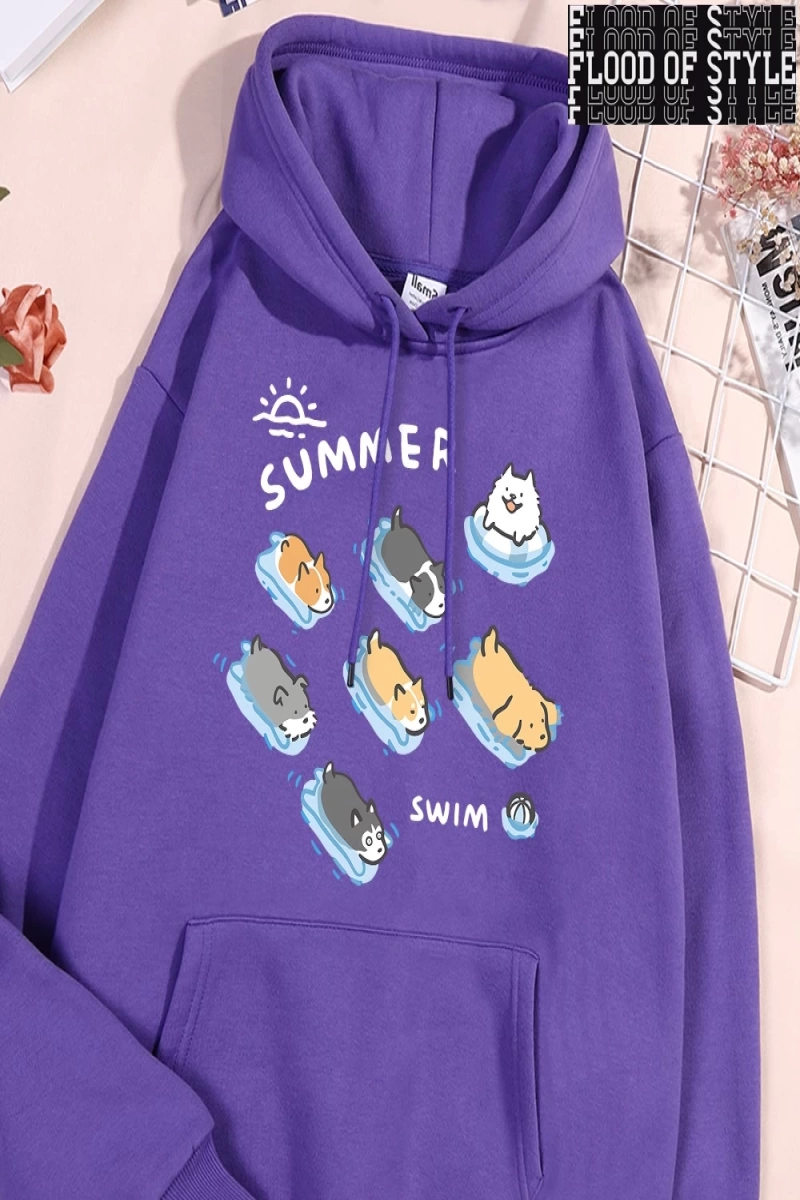 Hip Hop Harajuku Vintage Tarzı  Eğlenceli kedi ve köpek yüzme  Gri