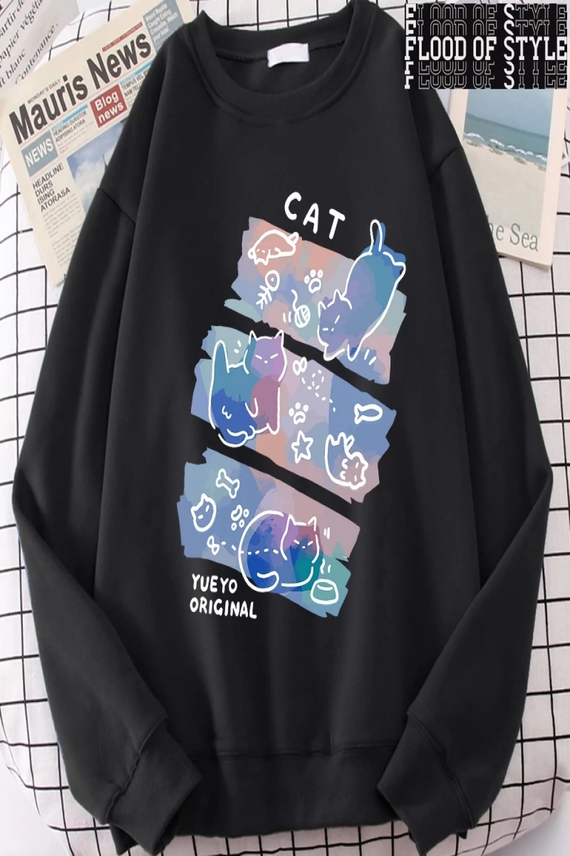 Hip Hop Harajuku Vintage Tarzı  Eğlenceli Mischievous kedi Gri