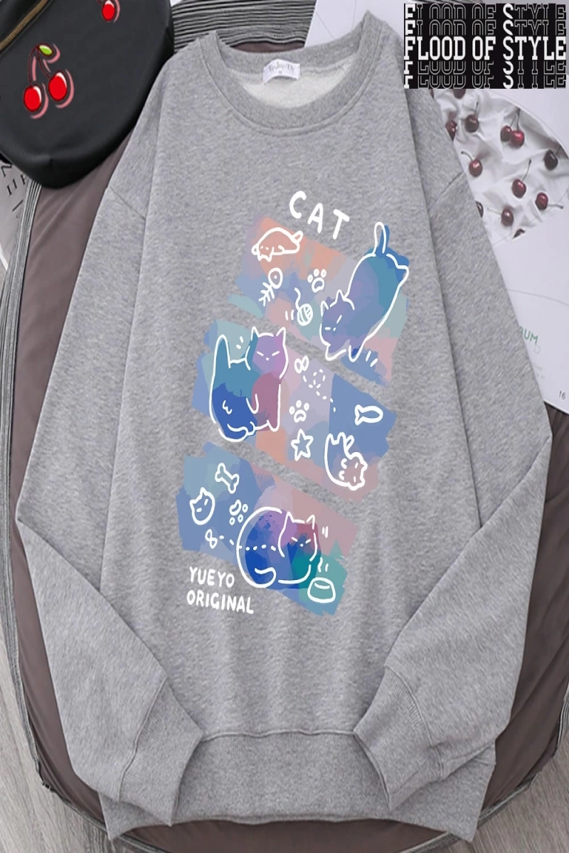 Hip Hop Harajuku Vintage Tarzı  Eğlenceli Mischievous kedi Gri