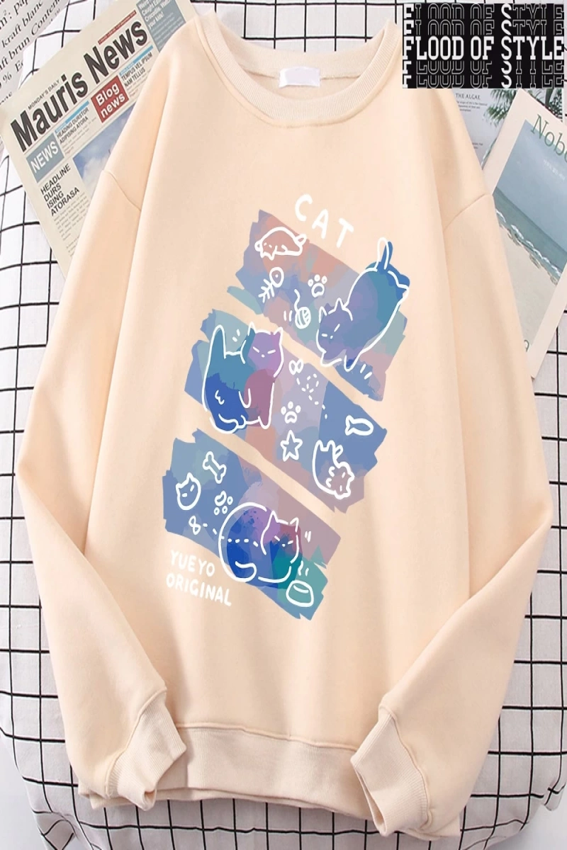 Hip Hop Harajuku Vintage Tarzı  Eğlenceli Mischievous kedi Gri