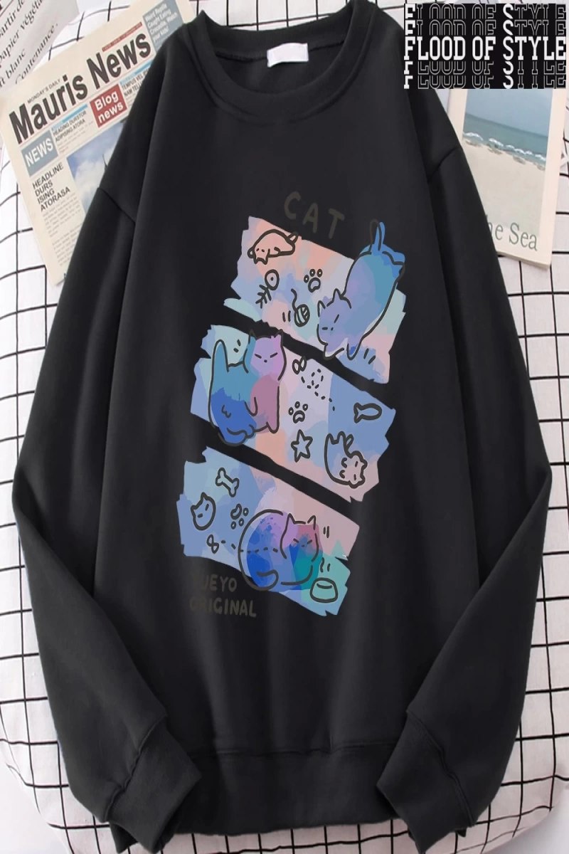 Hip Hop Harajuku Vintage Tarzı  Eğlenceli Yaramaz Kedi Sevimli Gri