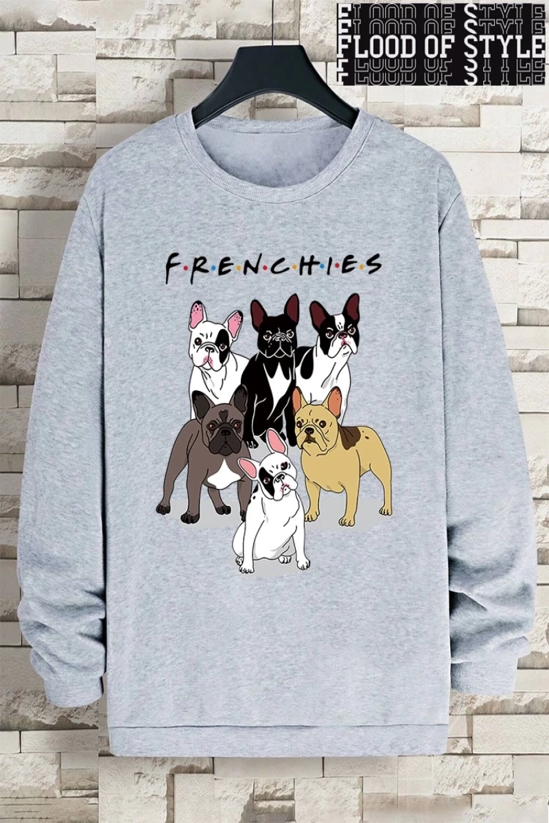 Hip Hop Harajuku Vintage Tarzı  Frenchies 6 fransız buldog  Gri