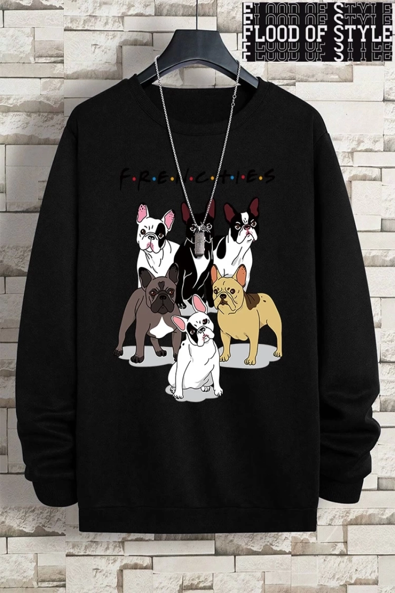 Hip Hop Harajuku Vintage Tarzı  Frenchies 6 fransız buldog  Gri