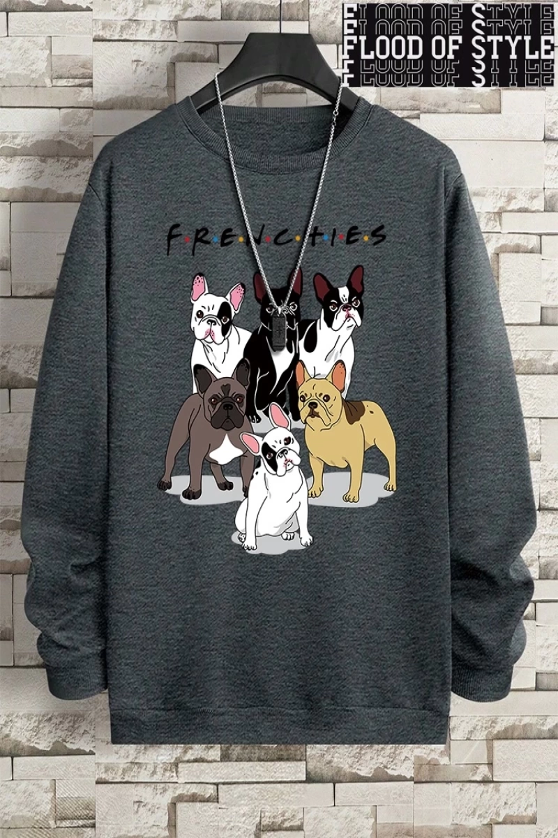 Hip Hop Harajuku Vintage Tarzı  Frenchies 6 fransız buldog  Gri