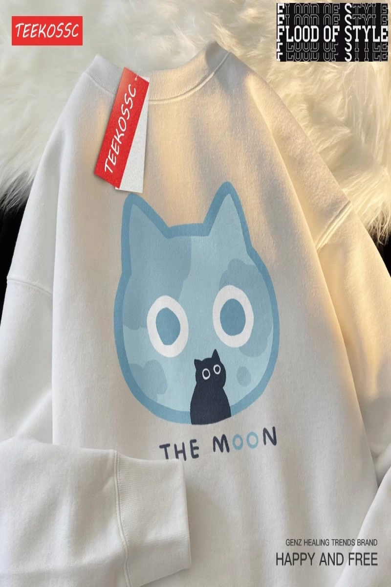 Hip Hop Harajuku Vintage Tarzı  Güneş kedi ay kedi komik sevimli Beyaz