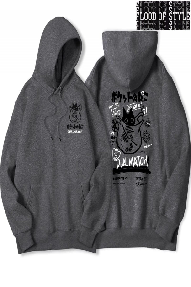 Hip Hop Harajuku Vintage Tarzı  Harajuku Kawaii Kedi Çift  Gri