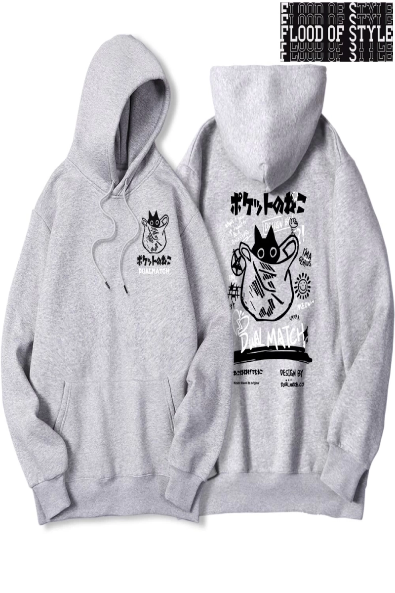 Hip Hop Harajuku Vintage Tarzı  Harajuku Kawaii Kedi Çift  Gri