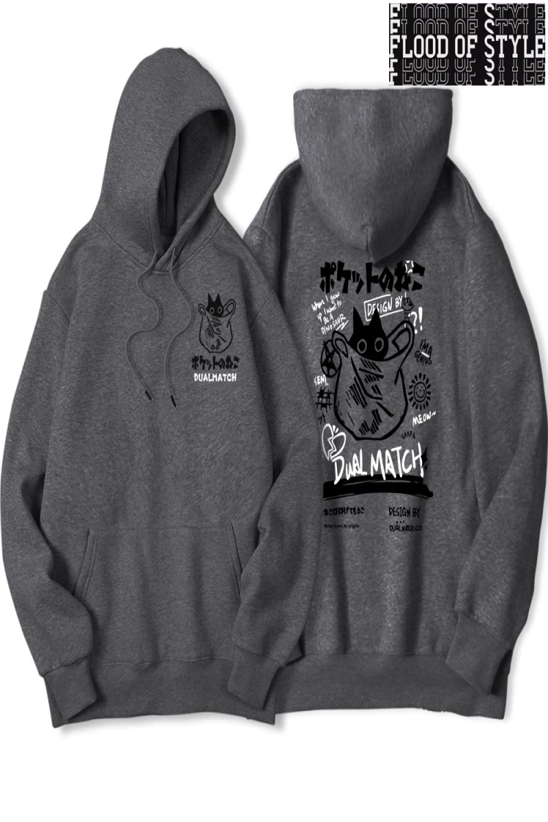 Hip Hop Harajuku Vintage Tarzı  Harajuku Kawaii Kedi Çift  Gri