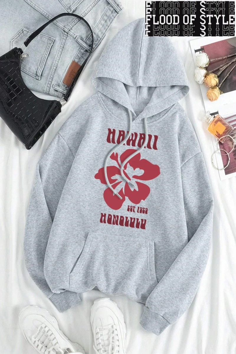 Hip Hop Harajuku Vintage Tarzı  Hawaii Est 1959 Honolulu  Gri