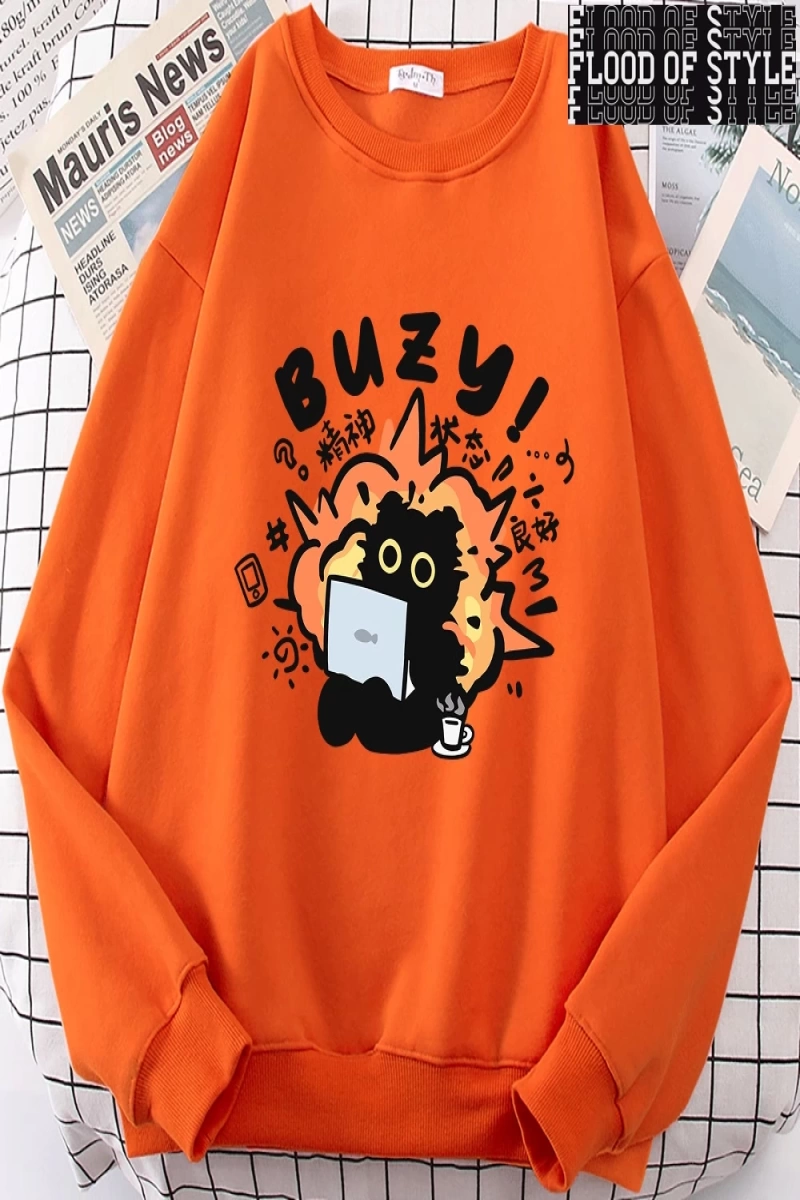 Hip Hop Harajuku Vintage Tarzı  Istikrarlı Devlet Eğlenceli Kedi Sevimli Gri
