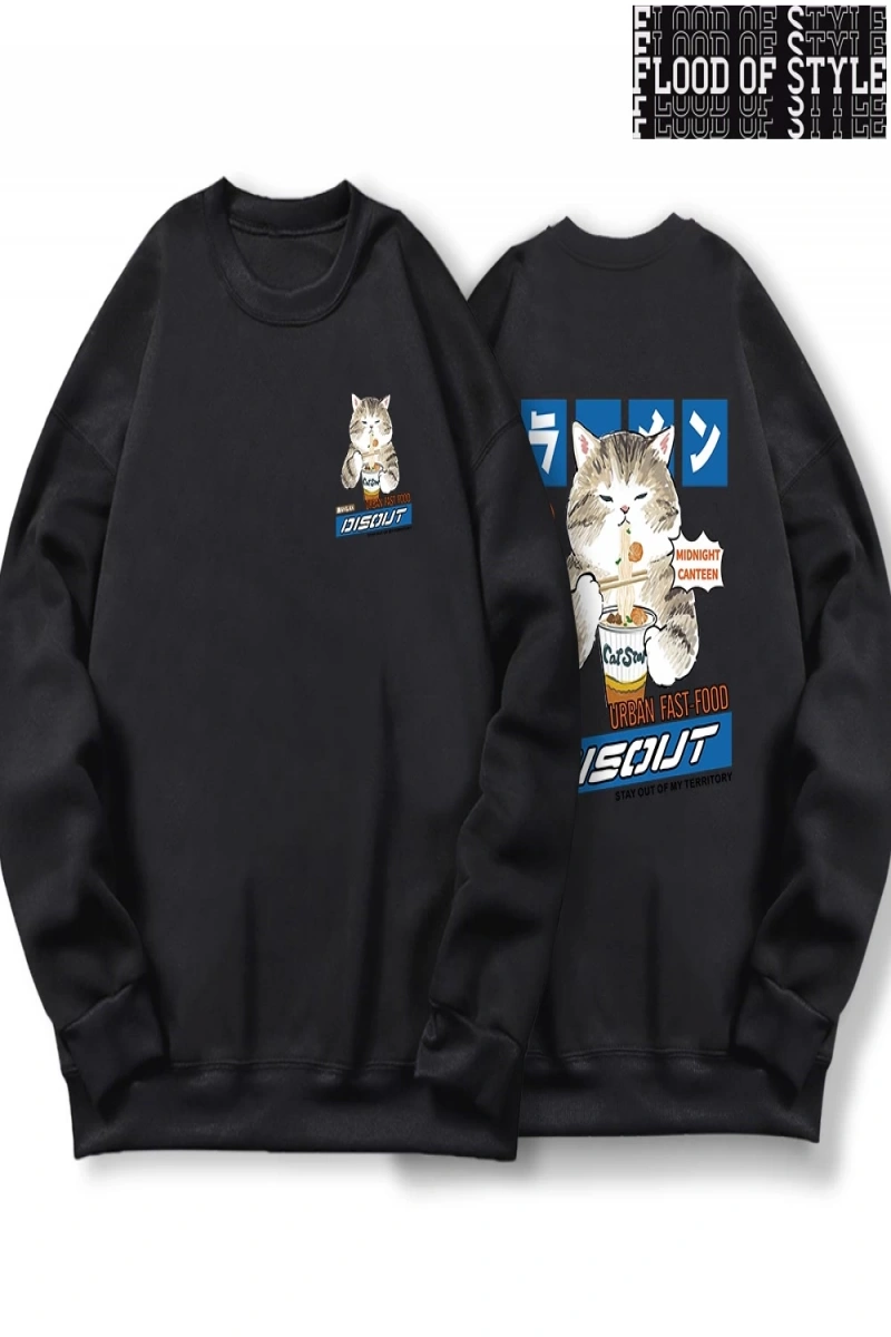 Hip Hop Harajuku Vintage Tarzı  Japon Harajuku erişte ve suşi kedi  Gri