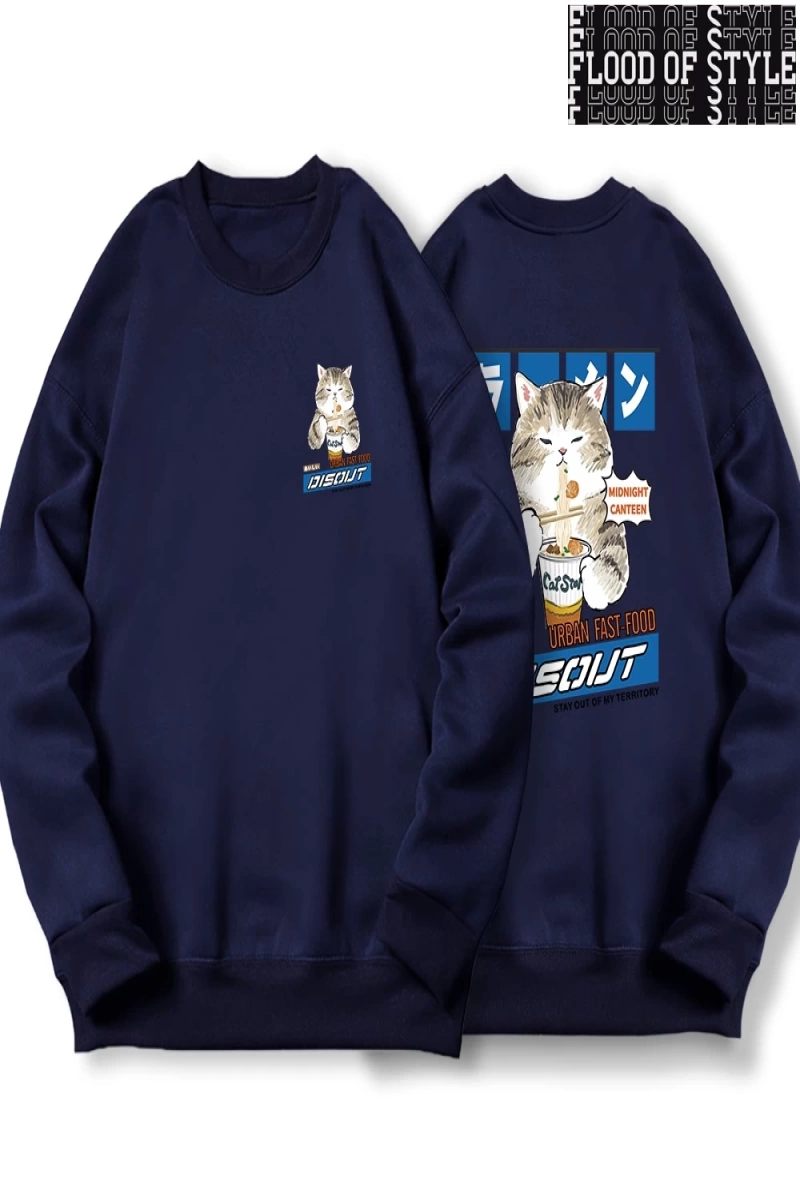 Hip Hop Harajuku Vintage Tarzı  Japon Harajuku erişte ve suşi kedi  Gri