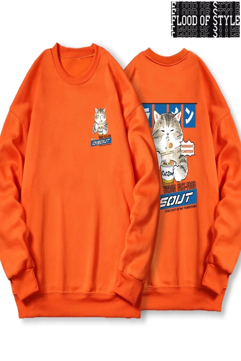Hip Hop Harajuku Vintage Tarzı  Japon Harajuku erişte ve suşi kedi  Gri