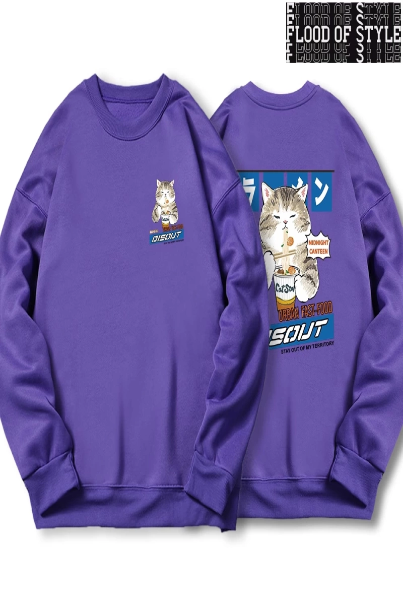 Hip Hop Harajuku Vintage Tarzı  Japon Harajuku erişte ve suşi kedi  Gri