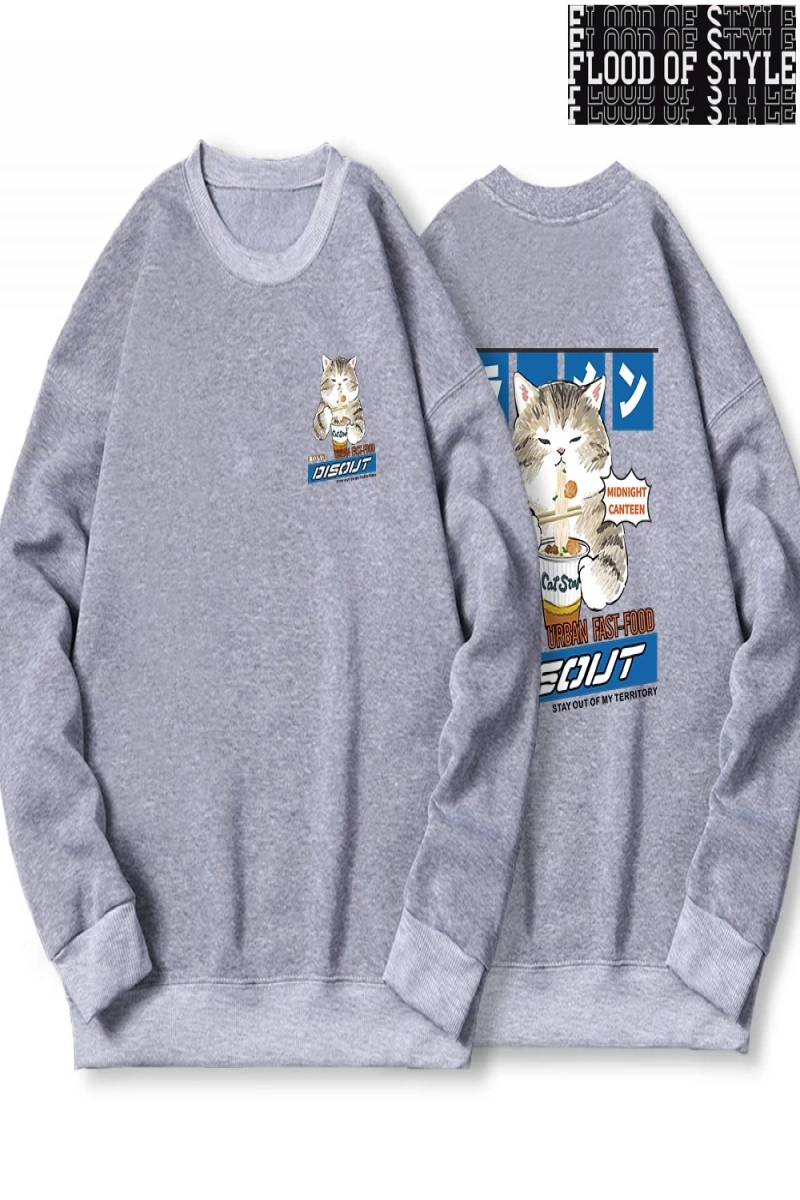 Hip Hop Harajuku Vintage Tarzı  Japon Harajuku erişte ve suşi kedi  Gri