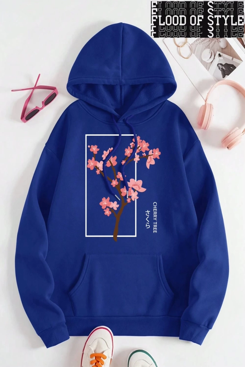 Hip Hop Harajuku Vintage Tarzı  Kiraz Ağacı Tam Çiçek Gri