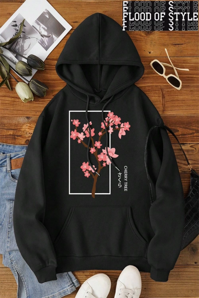 Hip Hop Harajuku Vintage Tarzı  Kiraz Ağacı Tam Çiçek Gri