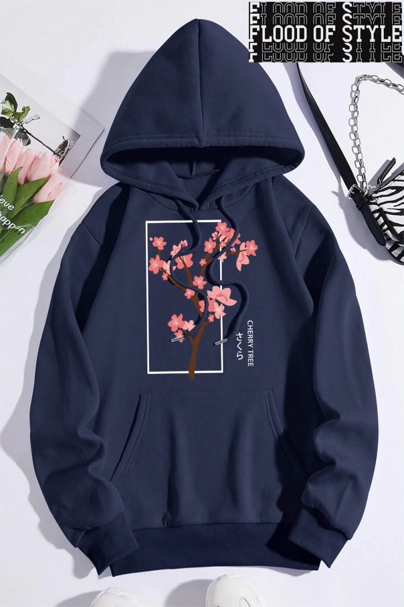 Hip Hop Harajuku Vintage Tarzı  Kiraz Ağacı Tam Çiçek Gri