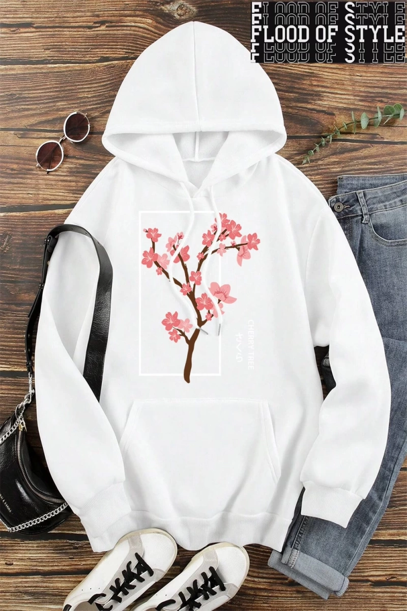 Hip Hop Harajuku Vintage Tarzı  Kiraz Ağacı Tam Çiçek Gri