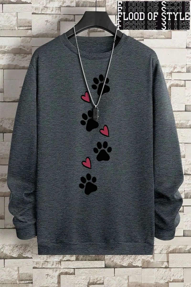 Hip Hop Harajuku Vintage Tarzı  Köpek pençe baskı aşk komik baskı  Gri