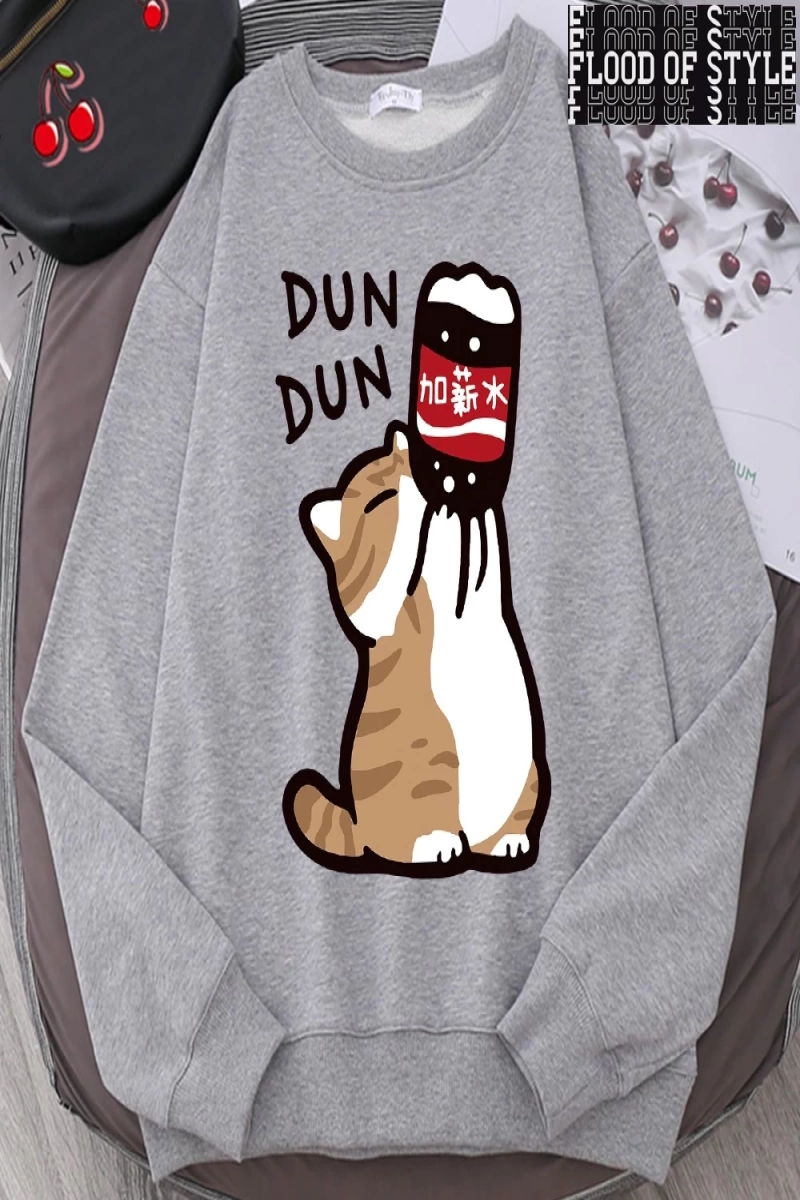 Hip Hop Harajuku Vintage Tarzı  Maaş Artış Eğlenceli Kedi Sevimli  Gri