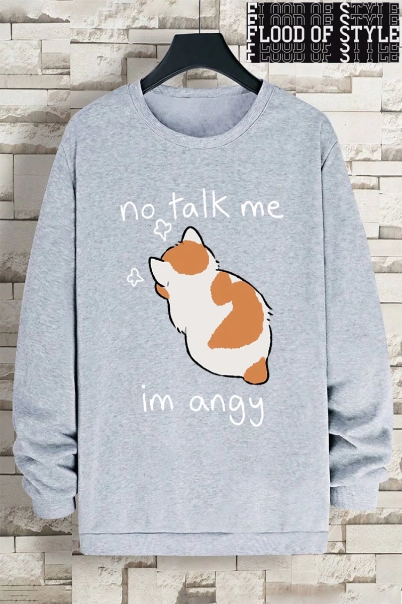 Hip Hop Harajuku Vintage Tarzı  No Talk Me Im Angy sevimli kedi  Gri