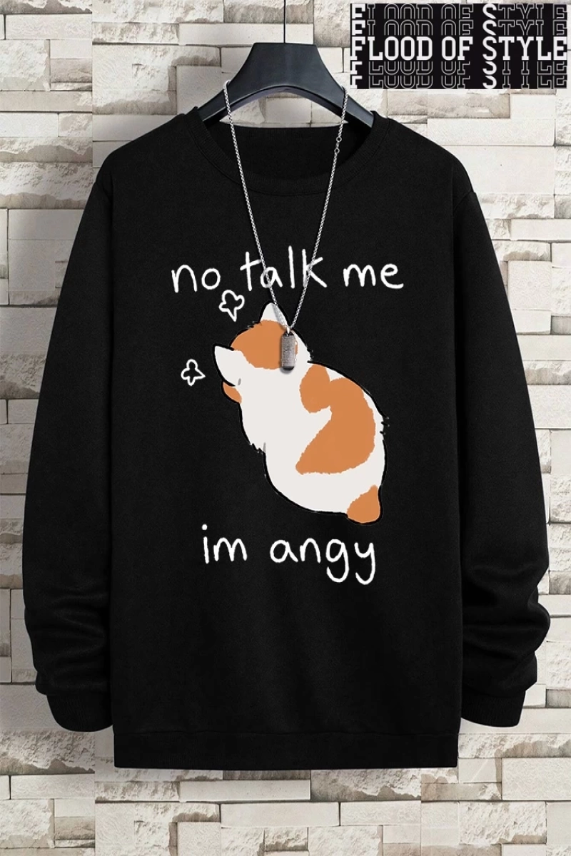 Hip Hop Harajuku Vintage Tarzı  No Talk Me Im Angy sevimli kedi  Gri