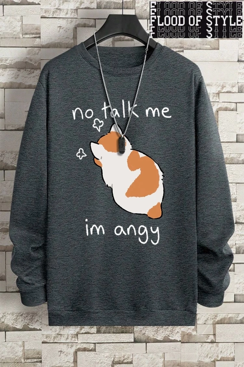 Hip Hop Harajuku Vintage Tarzı  No Talk Me Im Angy sevimli kedi  Gri