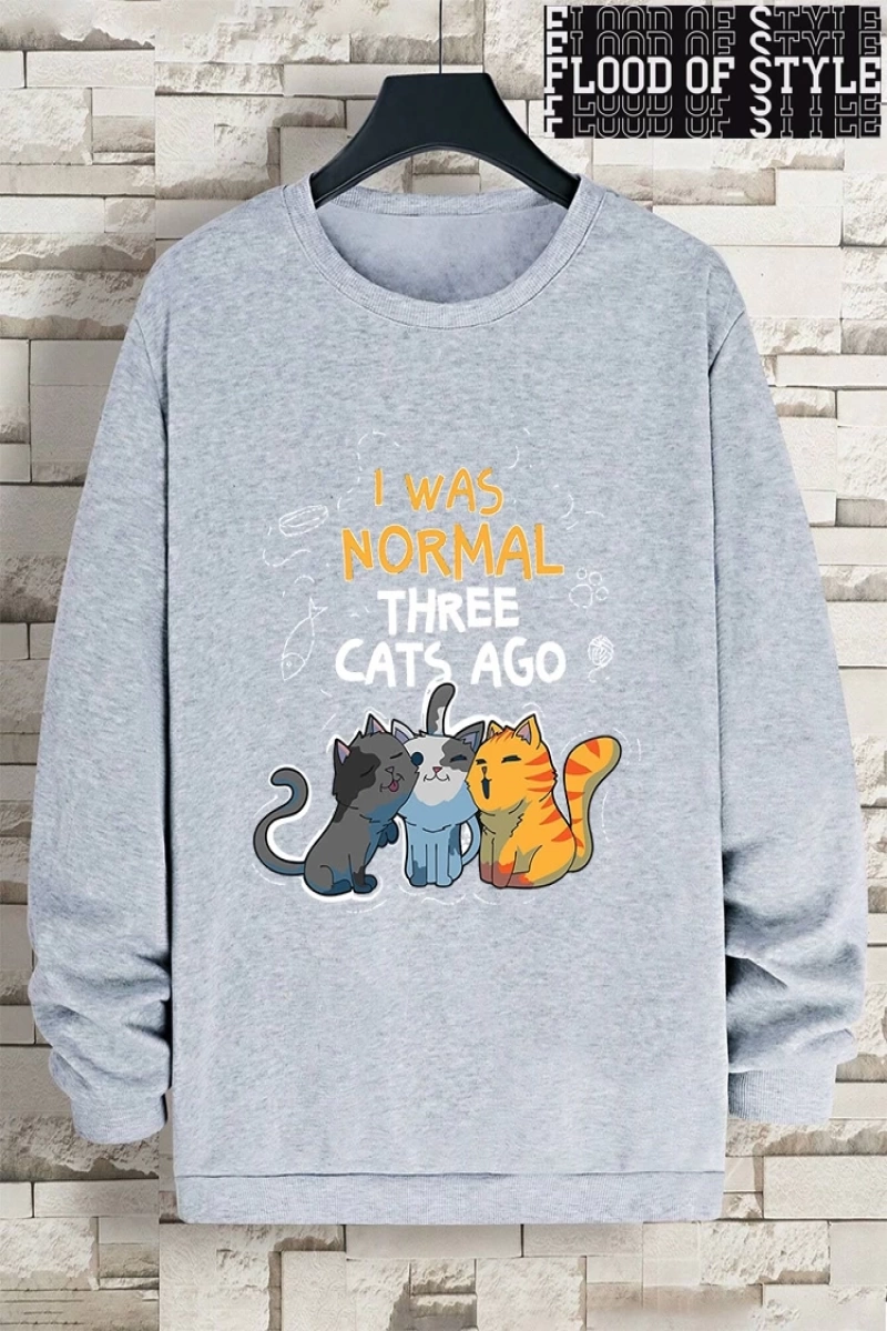 Hip Hop Harajuku Vintage Tarzı  Normaldim Üç Kedi Önce Adam  Gri