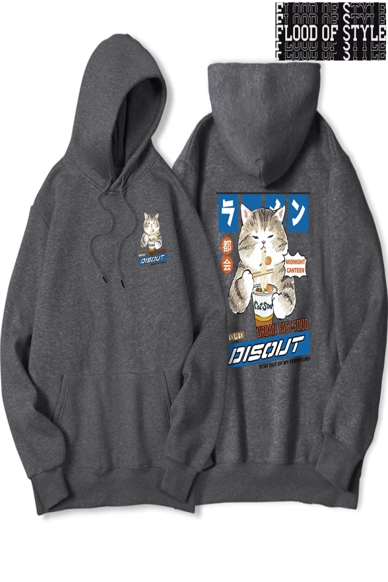 Hip Hop Harajuku Vintage Tarzı  Şehriye ve suşi kedi  Gri