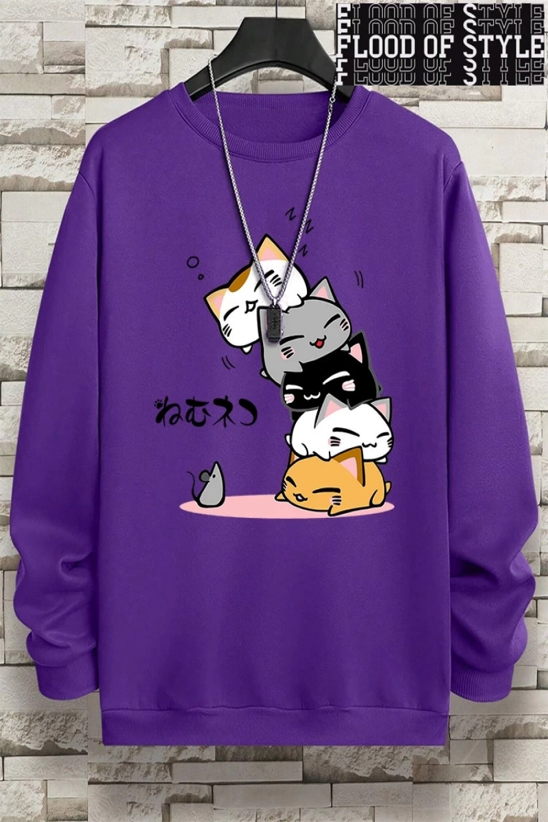Hip Hop Harajuku Vintage Tarzı  Sevimli Yığılmış Kediler  Gri