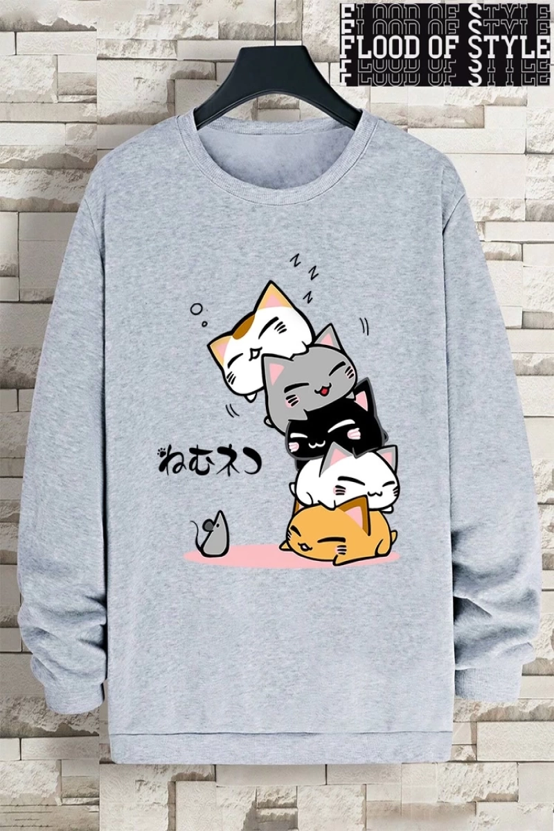 Hip Hop Harajuku Vintage Tarzı  Sevimli Yığılmış Kediler  Gri