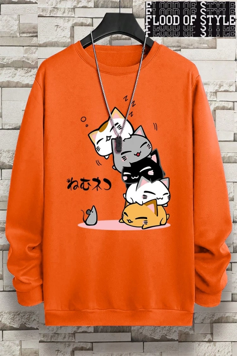 Hip Hop Harajuku Vintage Tarzı  Sevimli Yığılmış Kediler  Gri