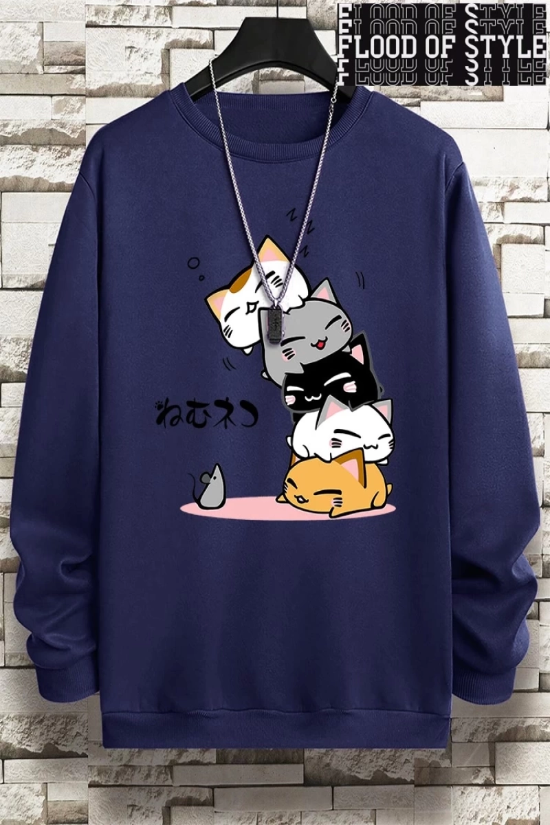 Hip Hop Harajuku Vintage Tarzı  Sevimli Yığılmış Kediler  Gri