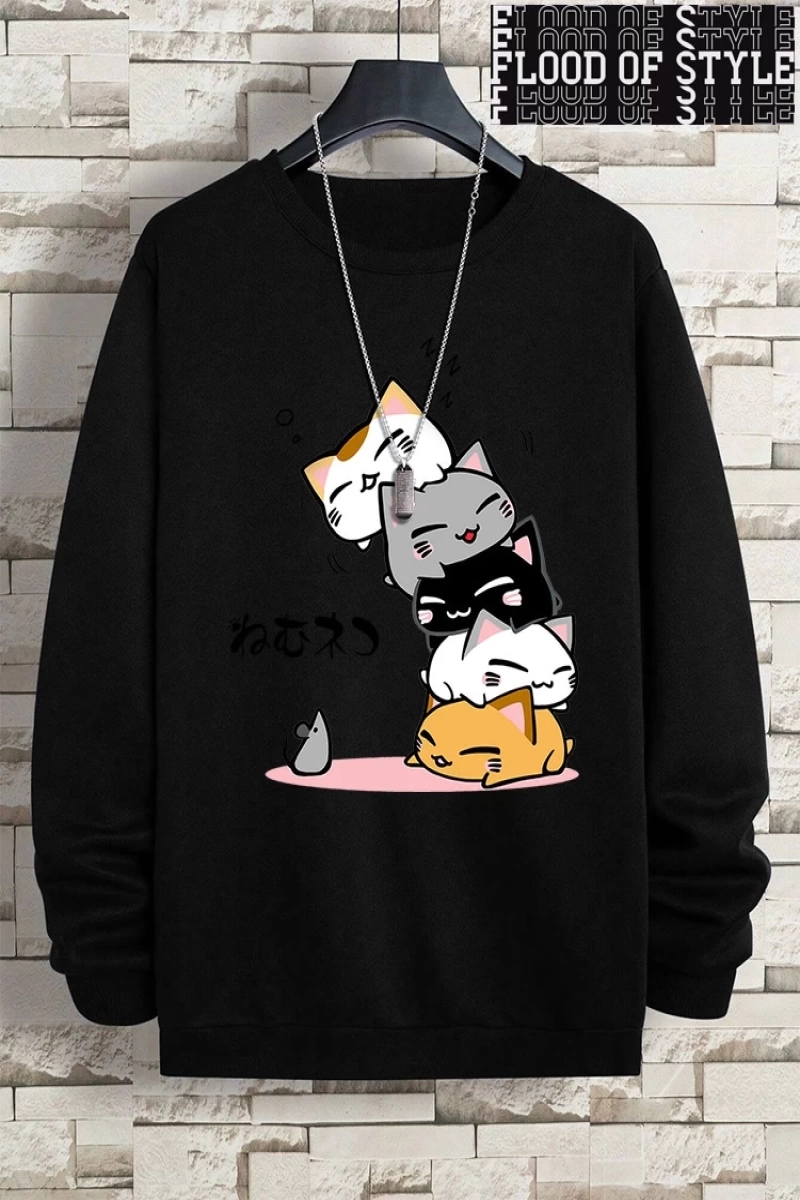 Hip Hop Harajuku Vintage Tarzı  Sevimli Yığılmış Kediler  Gri