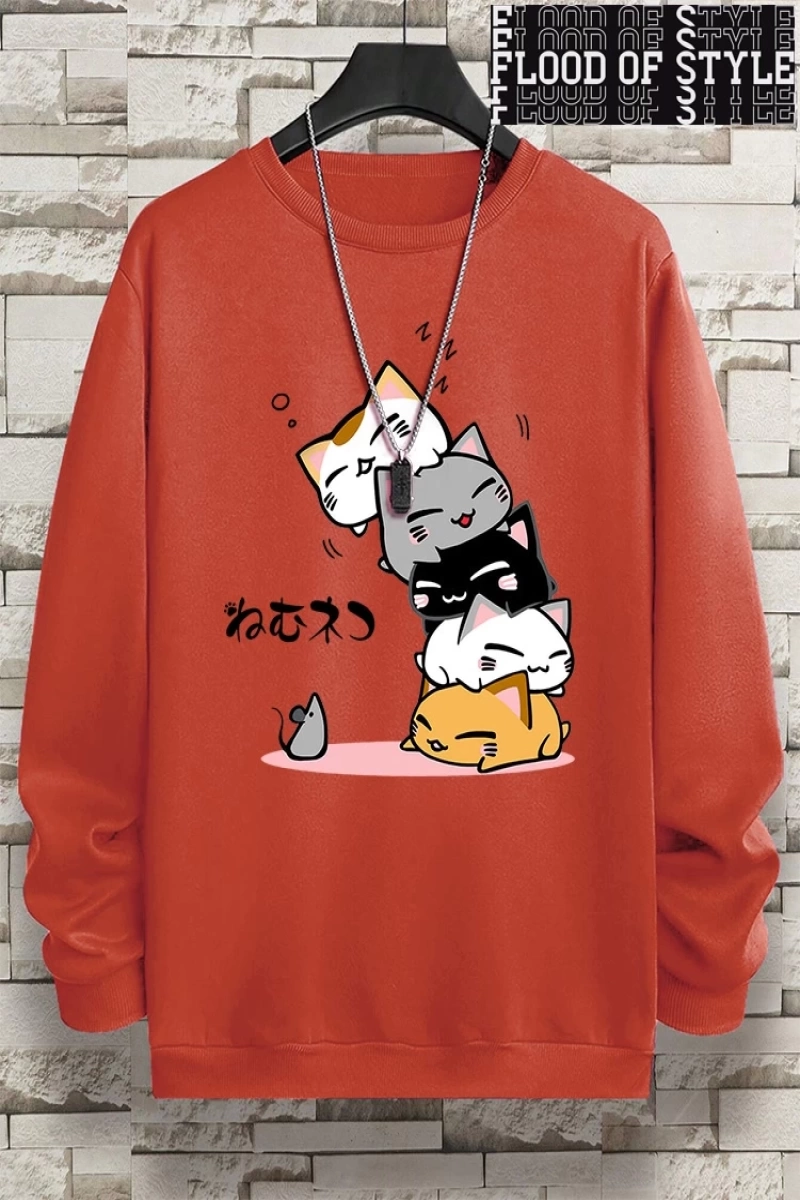 Hip Hop Harajuku Vintage Tarzı  Sevimli Yığılmış Kediler  Gri